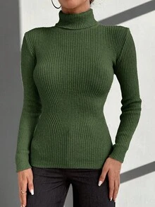 RueChic Turtleneck Ribbed Knit Sweater - Green - View 4