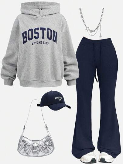 Girlism 2件套青少年女孩纯色字母印花连帽运动衫和喇叭裤休闲装