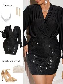 Cravure Christmas Never Out Of Style: Gothic Prep With A Wednesday Twist. Embrace Your Inner Shadow Dark Feminine Fashion. Plus Size Women's Elegant Party Black Satin Sequin Midi Dress, Chic For Work And Party - Black - View 2