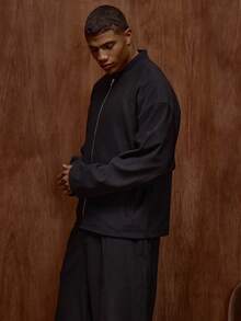 Musero Regular Fit Drop Shoulder Long Sleeve Baseball Collar Zip Through Jacket Fall/Autumn Winter - Black - View 3