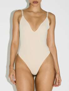 KIZN Backless Bodysuit Deep V Neck Basic Layer Thong Leotard Adjustable Strap Evening Party Clubwear Ballet Summer One Piece Teddy - Apricot - View 1