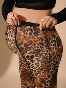 MaterniChic Autumn And Winter Maternity Fashionable Street Leopard Print Contrast Piping Adjustable High Waist Leggings - Black - View 4