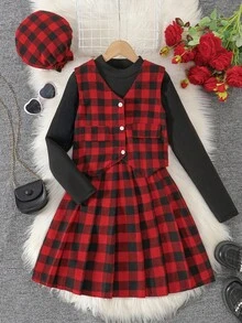 Sparklyn Áo khoác vest không tay kẻ caro đỏ đen cổ điển cho bé gái, kết hợp với áo cổ lọ tay dài và chân váy cạp chun, bộ 3 món - Đỏ - Xem 4