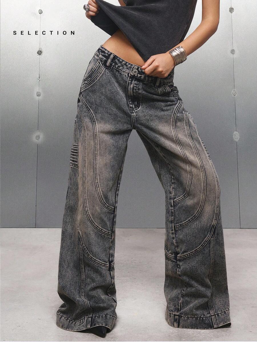 LYSMO 女式宽松口袋阔腿休闲牛仔裤 - 灰色 - 查看 1