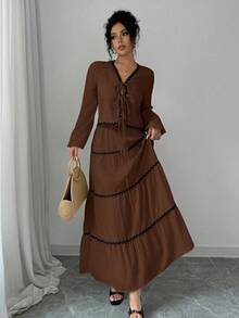 Rafferiza 2件套法式优雅灯笼袖荷叶边蝴蝶结上衣和裙子套装 - 巧克力棕 - 查看 3