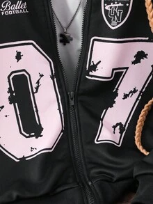 Sparklyn 青少年女孩休闲运动夹克，百搭学院风蝴蝶结和数字图案插肩袖连帽拉链运动衫，秋冬 - 黑色 - 查看 5