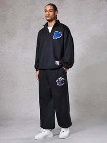 DAZY Men's Graphic Letter Embroidered Thermal Lined Pullover Sweatshirt & Pants Set, Street Style, Autumn/Winter - Black - View 4