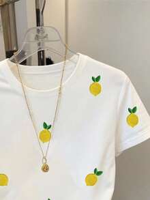 Resyla 大码柠檬刺绣圆领短袖T恤 - 白色 - 查看 4