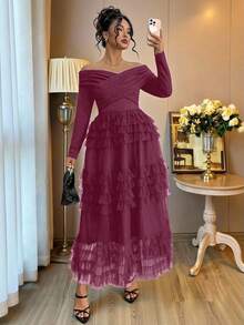 Auvina 全新定制蛋糕网眼拼接露肩大码女装、生日礼服、露肩、派对、优雅、正式女装、露背晚礼服、婚礼女装、复活节女装、浪漫礼服、毕业礼服、婚礼宾客礼服 - 中紫紅色 - 查看 1