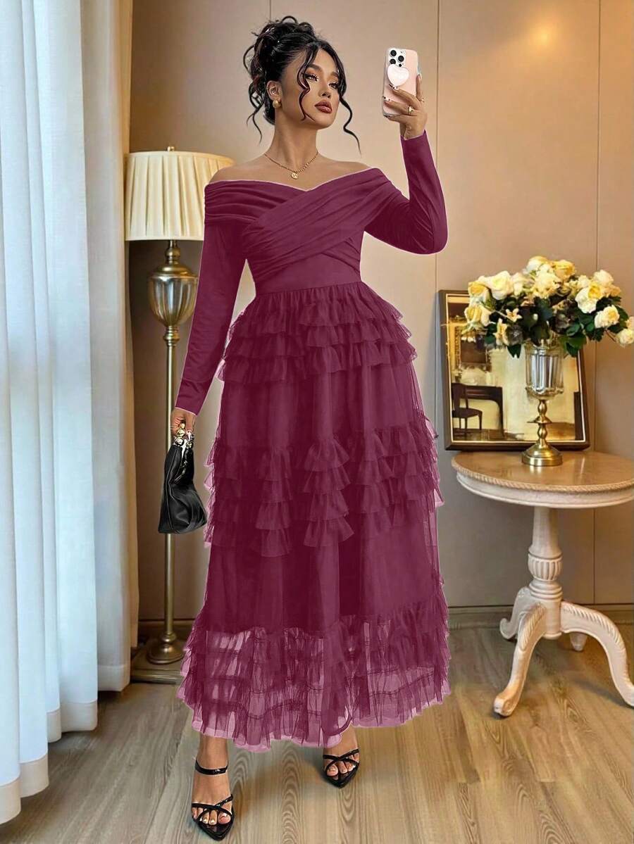 Auvina 全新定制蛋糕网眼拼接露肩大码女装、生日礼服、露肩、派对、优雅、正式女装、露背晚礼服、婚礼女装、复活节女装、浪漫礼服、毕业礼服、婚礼宾客礼服 - 中紫紅色 - 查看 1