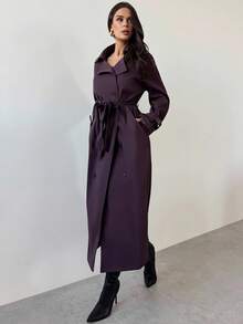 Firerie 女式卡其色翻领仿皮袖收腰双排扣中长款风衣，长袖风衣，春/秋/冬装，通勤，优雅，日常，工作装 - 卡其色 - 查看 5