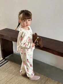 SHEIN 1 Set Girls Sweet Ballet Girl Print Outfit Lace Collar Long Sleeve Cardigan + Elastic Cuff Pants, Autumn/Winter Fall - Pink - View 4