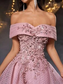 Glamrae 优雅露肩连衣裙，饰有奢华串珠 3D 花卉贴花，可调节腰带，A 字长裙，适合约会、毕业典礼、婚礼、正式活动 - 藕粉色 - 查看 2