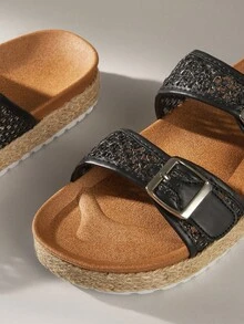 Solecia Women's Straw Woven Round Toe Flat Thick Sole Casual Vacation Beach Holiday Party Afternoon Tea Slip-On Sandals, Apricot - Apricot - View 6