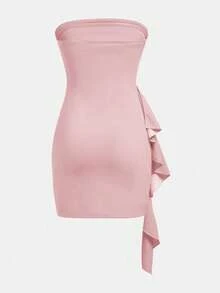 SHEIN Girlism 优雅荷叶边纯色抹胸连衣裙，时尚派对和聚会，适合少女穿着 - 粉色 - 查看 2