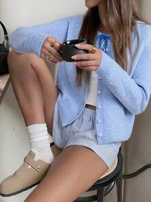 SHEIN Bubbli 全新独特带扣设计开衫针织毛衣 - 藍色 - 查看 4