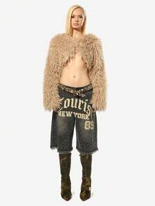 SUMWON WOMEN Luxurious Faux Fur Cropped Shrug Long Sleeve Winter Fashion Bolero Jacket Plush Teddy Bear Fuzzy Evening Party Club Wear Statement Piece