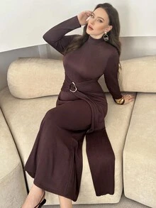 Modelyn Gestricktes Midikleid mit Rollkragen, Langarm und Struktur in Große Größen, Lässig für Frühling & Herbst - Schokoladenbraun - Übersicht 6