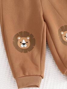 Cozy Pixies 2pcs Baby Boy Lion Pattern 3D Ear Round Neck Long Sleeve Hoodie And Jogger Pants Set Fall Winter - Khaki - View 3