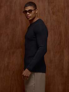 Musero Long Sleeve Muscle Fit Ribbed Button Placket Top SPRING SUMMER Basics Layering - Black - View 3
