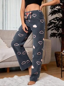 RueChic Fleece Contrast Heart Printed Lounge Bottom - Black - View 4