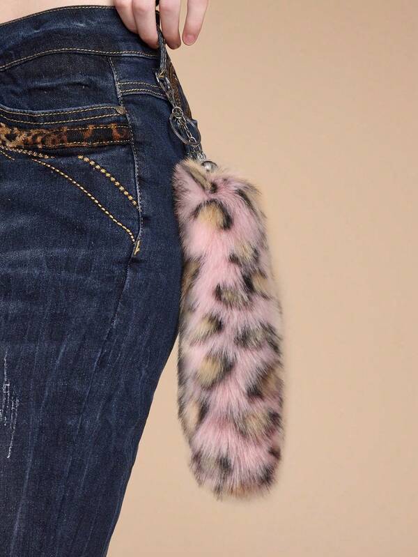 ROMWE Grunge Punk 1pc Fashionable Luxury Leopard Print Fluffy Faux Fur Animal Tail Keychain, DIY Bag Charm, Stylish High-Quality Pink Design, Suitable For Women Daily Use Or As Gift
