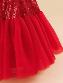Glamorique Kids Young Girl Red Sequin Mesh Tulle Party Dress, Suitable For Parties, Gatherings And Various Occasions, Luxurious, Elegant,Christmas Dress Fall Winter - Red - View 4