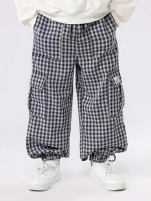 SUMWON 男童复古街头风格两件套涂鸦印花套装，含格纹工装裤，冬季秋季休闲宽松街头服饰套装 - 杏色 - 查看 4