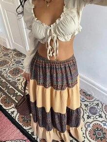 Sunnyshic Beige,Summer,Boho,Picnic,Holiday Pattern Retro Print Patchwork Low Waist Layered Ruffle Hem A-Line Maxi Skirt,Vintage Elegant Hippie Long Skirt Women - Multicolor - View 6