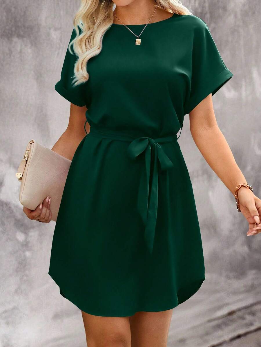 EMERY ROSE Váy ngắn tay lửng buộc eo đơn giản, màu trơn, thoải mái khi đi làm hàng ngày dành cho nữ - màu xanh lá - Xem 1