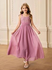 Girls' Lace Patchwork Chiffon Square Neck Wide Strap Sleeveless Dress,Dusty Pink,Summer,Elegant,Wedding Flower Girl Prom Birthday Party Graduation - Red Violet - View 5