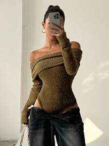 Flirla Thick Off Shoulder Turtleneck Long Sleeve Bodysuit, Autumn/Winter - Dark Green - View 4
