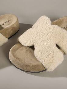 Solecia 新款时尚毛绒拖鞋，温暖一脚蹬厚底柔软舒适拖鞋 - 卡其色 - 查看 5