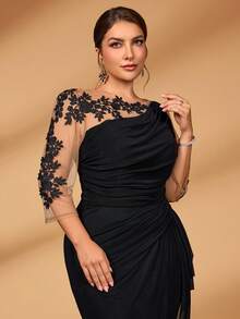 Serin Plus Size Elegant Luxurious Embroidered Lace Sheer Long Sleeve Elastic Knit Mesh Ruched Ruffle Mermaid Dress, Suitable For Weddings, Parties, Vacations, Galas, Mother Of The Bride Gown