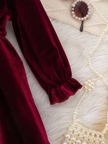 优雅天鹅绒与撞色蕾丝长袖女婴连衣裙 - 綠色 - 查看 4