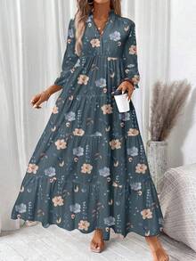 EMERY ROSE Casual Vintage Floral Pattern Elegant Plus Size Dress, Suitable For Autumn/Winter - Blue - View 2