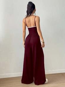 Flirla 女式休闲百褶宽松直筒连体裤，春夏 - 酒紅色 - 查看 2