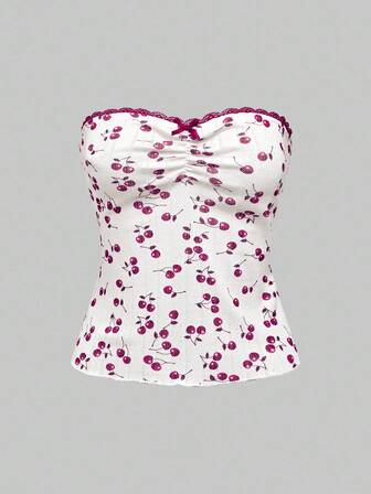 Kawaii Top femme délicat, sexy, pour les vacances, avec dentelle, imprimé cerises sur tout le Top, nœud, froncé, ajusté et extensible