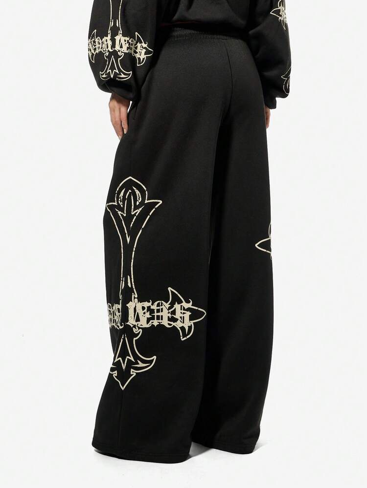 SUMWON WOMEN Halloween Gothic Cross Graphic Wide Leg Joggers
