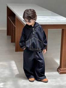 Dazy Kids طقم بنطلون جينز وجاكيت جينز فضفاض عادي لصبي صغير، موسم الخريف، 2 قطعة