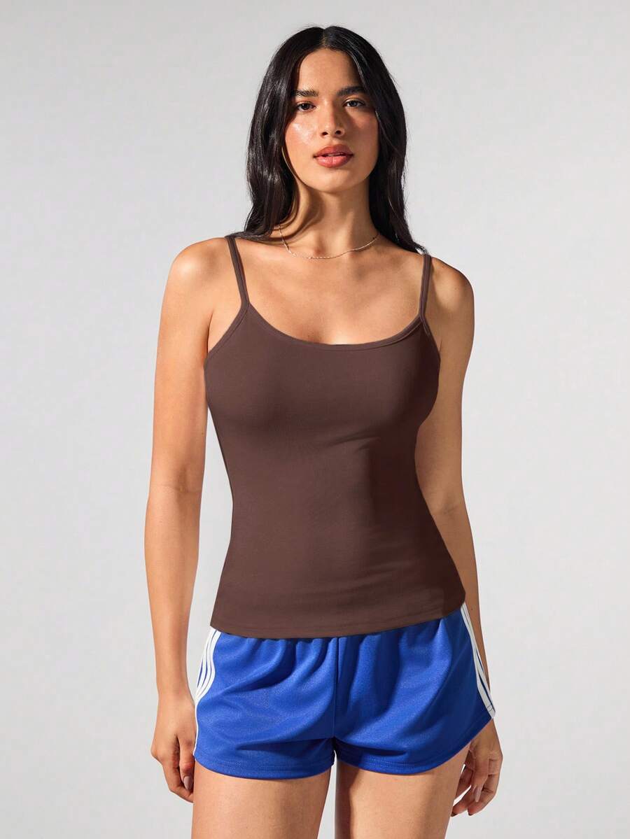 Menodora SHEIN Sport Áo hai dây dệt kim bó sát màu trơn thường ngày - màu nâu - Xem 1
