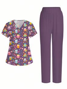 PopScrub 卡通护士制服套装，含短袖上衣和裤子，女士手术服 - 彩色 - 查看 4