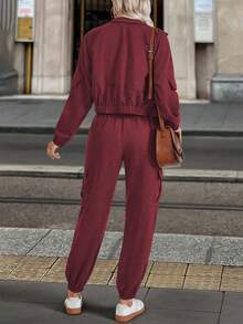 EMERY ROSE 2件套女士纯色休闲长袖短款上衣和裤子套装 - 紫紅色 - 查看 2