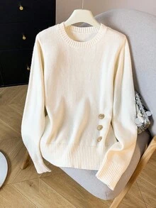 GlowEve Women's Fashionable Crew Neck Long Sleeve Knit Sweater Top With Metal Button Decor - Multicolor - View 1