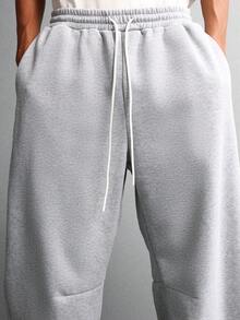 SUMWON 高级宽松版型运动裤，阔腿超大码慢跑裤，弹性裤脚，舒适居家服，冬季保暖休闲裤，街头风纯色 - 灰色 - 查看 6