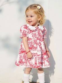 Souflis Souflis 女宝宝中国风复古水墨天使红泡泡袖花卉刺绣前开襟轻松穿着夏季多巴胺优雅连衣裙 - 彩色 - 查看 7