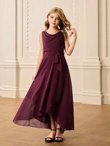 青少年女孩雪纺无袖不对称下摆连衣裙，腰带和蝴蝶结，甜美优雅，适合花童、婚礼、舞会、生日派对、圣诞节、万圣节、毕业典礼 - 酒紅色 - 查看 4