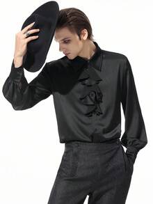 ROMWE MEN Goth 男士哥特式深色风格优雅荷叶边长袖衬衫，秋季 - 彩色 - 查看 6