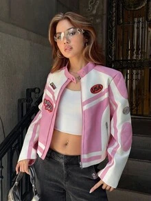 SHEIN ICON Y2K Women's PU Patchwork Motorcycle Jacket, Pink & White, High Collar, Casual Street Wear, Commuting, Autumn/Winter