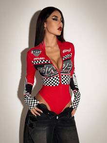 SHEIN ICON 女士万圣节摩托图案立领紧身衣，街头服饰 - 彩色 - 查看 1